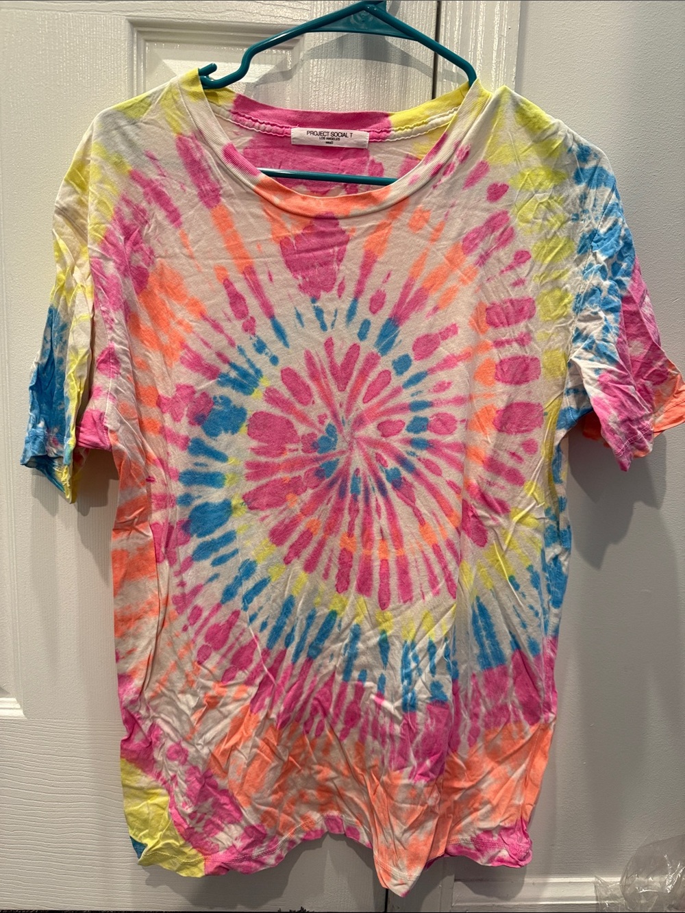 Project Social T Multicolor Spiral Tie-Dye Tee - Pink, Blue, Yellow, Orange.